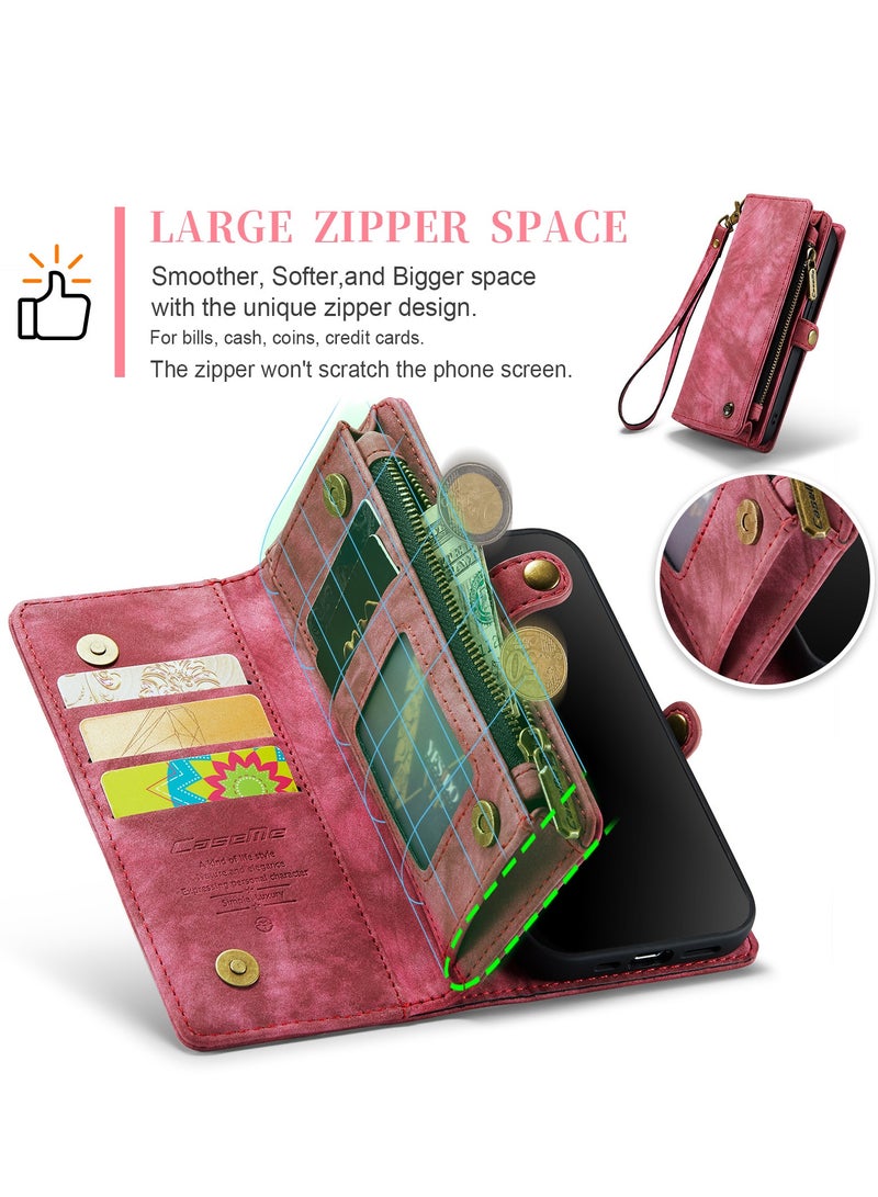 CaseMe Protective Phone Cover Case Wallet Case For Apple iPhone 13 Pro Max, 2 in 1 Detachable Premium Leather Magnetic Zipper Pouch Wristlet Flip Phone Case (Red) - Image 4