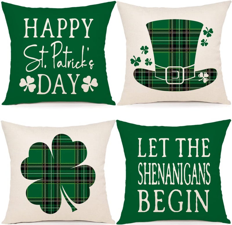 YCOLL St Patricks Day Decorations Throw Pillow Covers 20x20 Set of 4 Scottish Tartan Plaid St Patricks Day Hat Farmhouse Classic Decorative Square Cushion Cases for Sofa Couch