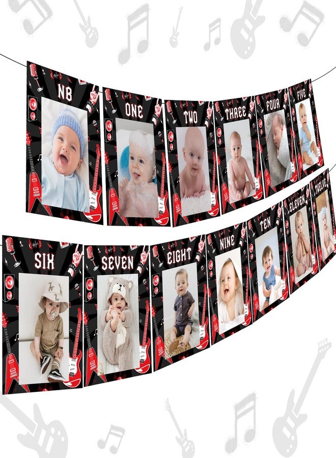 Fangleland One Rocks First Birthday Photo Banner, Rock and Roll 1st Birthday Decorations, Born to Rock Monthly Milestone Photograph Bunting Garland for Baby from Newborn to 12 Months - Image 1