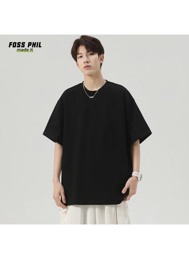 Foss Phil رجال تي شيرت صيفي قصير الأكمام فضفاض قطني أساسي لون صلب تحت القميص الرجالي T2100 أسود M - Image 1