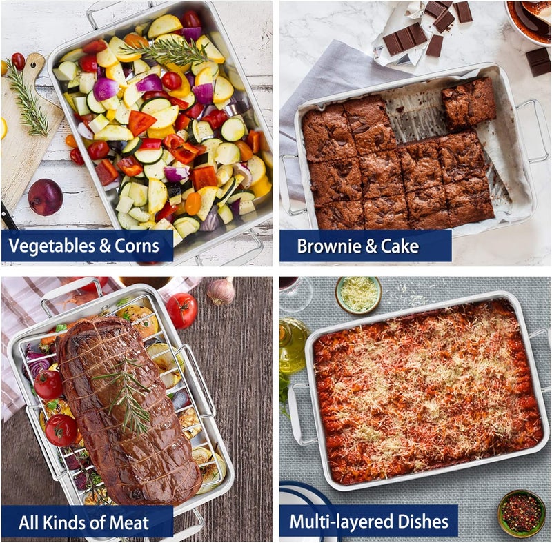 P&P CHEF صينية تحميص 16 بوصة مع رف خبز ورف على شكل V، صينية لازانيا مستطيلة من الفولاذ المقاوم للصدأ مع مقابض للدجاج والديك الرومي، صحية وآمنة في غسالة الصحون، 3 قطع، فضي - Image 3