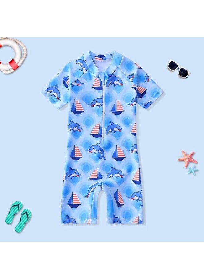 Girls' Swimsuit Cartoon Short Sleeve Children's Swimming One-piece Suit For 3-6 Years Old Boys Swimwear Set With Swim Cap For Infants And Toddlers