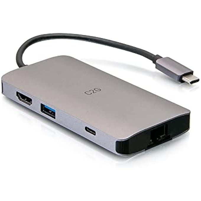 C2G محطة إرساء ميني 8 في 1 USB C مع HDMI، 2X USB-A، إيثرنت، قارئ بطاقة SD، وشحن USB-C، قدرة طاقة تصل إلى 100 واط، دقة 4K @ 30HZ - Image 1