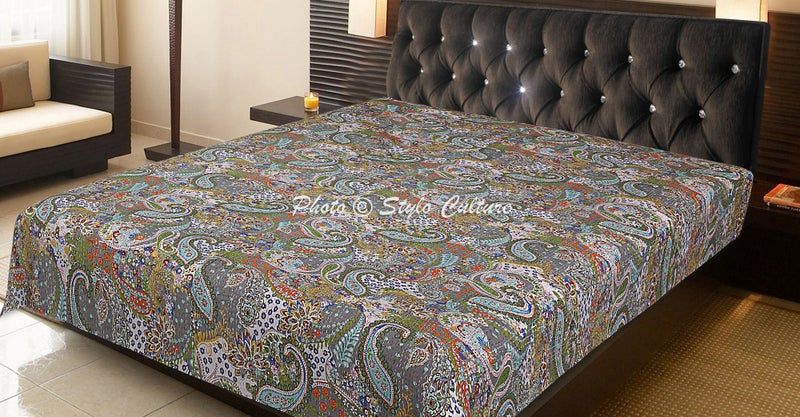 Stylo Culture Bedspread Double Bed Hand Stitch Kantha Bedding Printed Cotton Decor Paisley Grey - Image 2