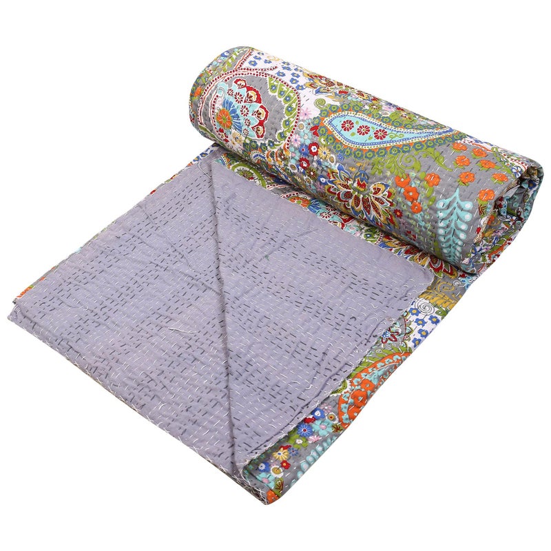 Stylo Culture Bedspread Double Bed Hand Stitch Kantha Bedding Printed Cotton Decor Paisley Grey - Image 1