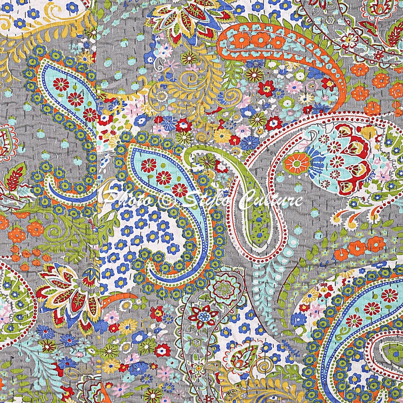 Stylo Culture Bedspread Double Bed Hand Stitch Kantha Bedding Printed Cotton Decor Paisley Grey - Image 3