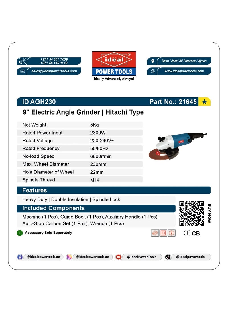 IDEAL ID-AGH230 Industrial Heavy Duty Electric Angle Grinder Machine 2200W, 9-Inch (230mm), 6600 RPM, Blue – High Power Cutter & Grinder For Metal, Concrete & Masonry - Image 2