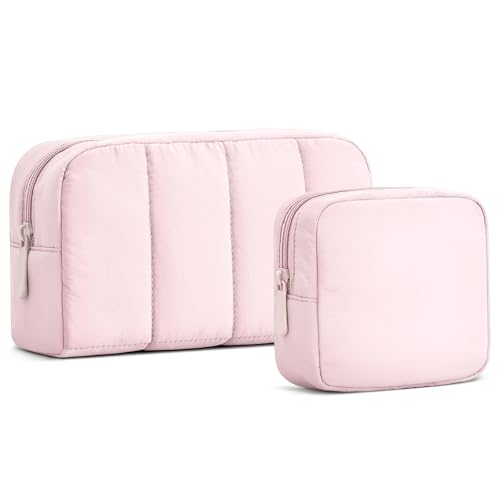 oscaurt 2 Pcs Makeup Bag Travel Toiletry Bag for Women Puffy Padded Cosmetic Pouch Purse Wideopen Makeup Organizer Case Travel Essentials - Image 1