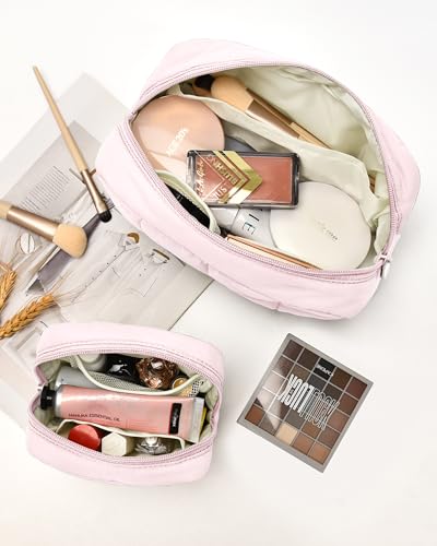 oscaurt 2 Pcs Makeup Bag Travel Toiletry Bag for Women Puffy Padded Cosmetic Pouch Purse Wideopen Makeup Organizer Case Travel Essentials - Image 3