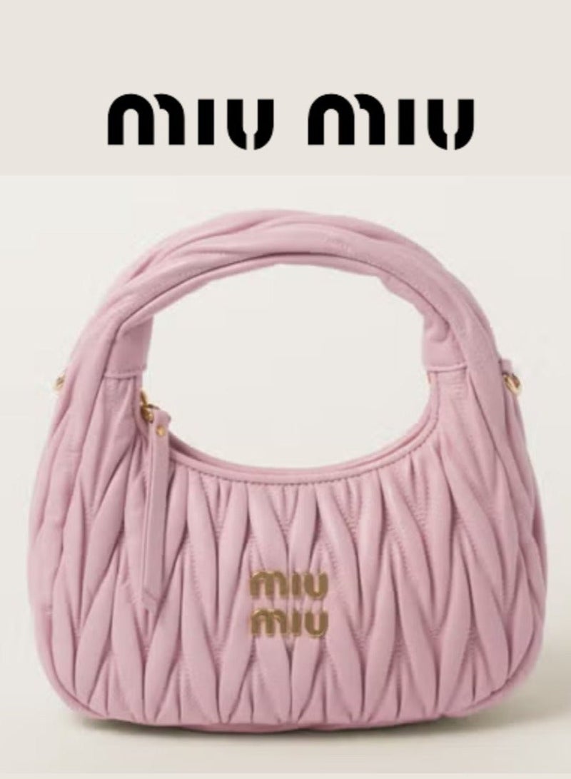 MIU MIU Wander Matelassé Nappa Leather Hobo Bag, Women's Tote Bag, Womens Cross-Body Bag, Women's Hand Bag, Women's Shoulder Bag, Women's Travel Bag, Alabaster Pink - Image 1