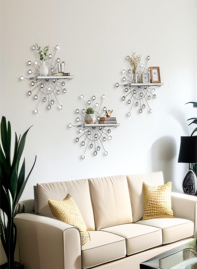 Yaocom مجموعة ياوكوم من 3 قطع من أرفف كريستالية عائمة لامعة، ديكور حائط معدني على شكل نجوم، رف قابل للطي، أرفف زاوية فضية معلقة على الحائط للتخزين، مناسبة لغرف النوم والحمامات وغرف المعيشة والمطابخ والمكاتب والديكور المنزلي - Image 4