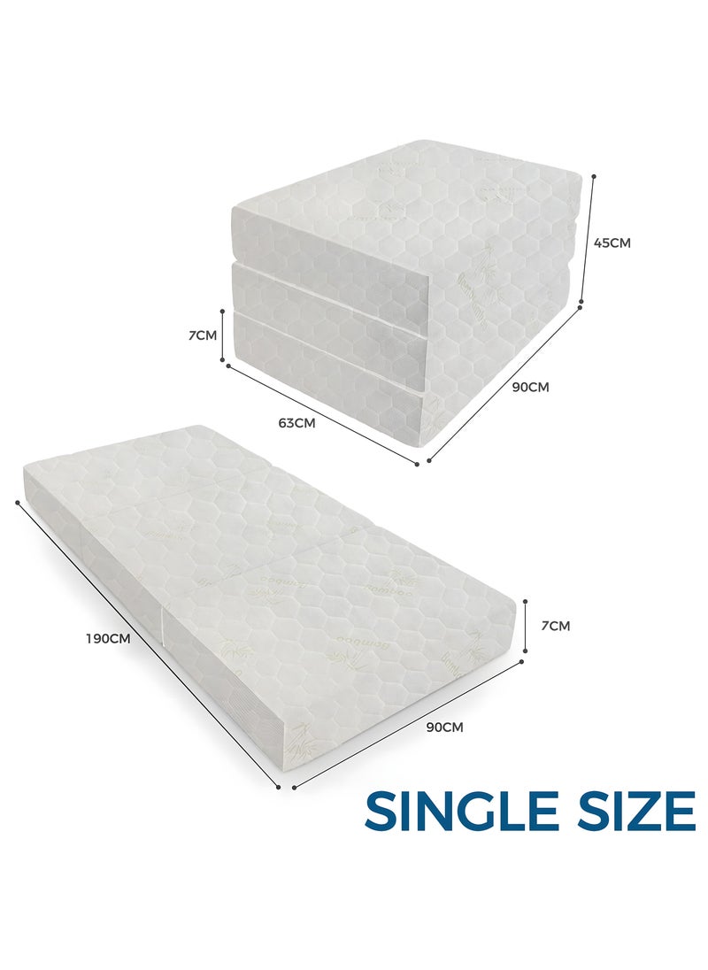 Folding Foam Mattress – 7cm Tri-Foldable Single Bed | Washable Cover for Travel, Camping & Guest Bed | Easy Storage | 90x190x7cm