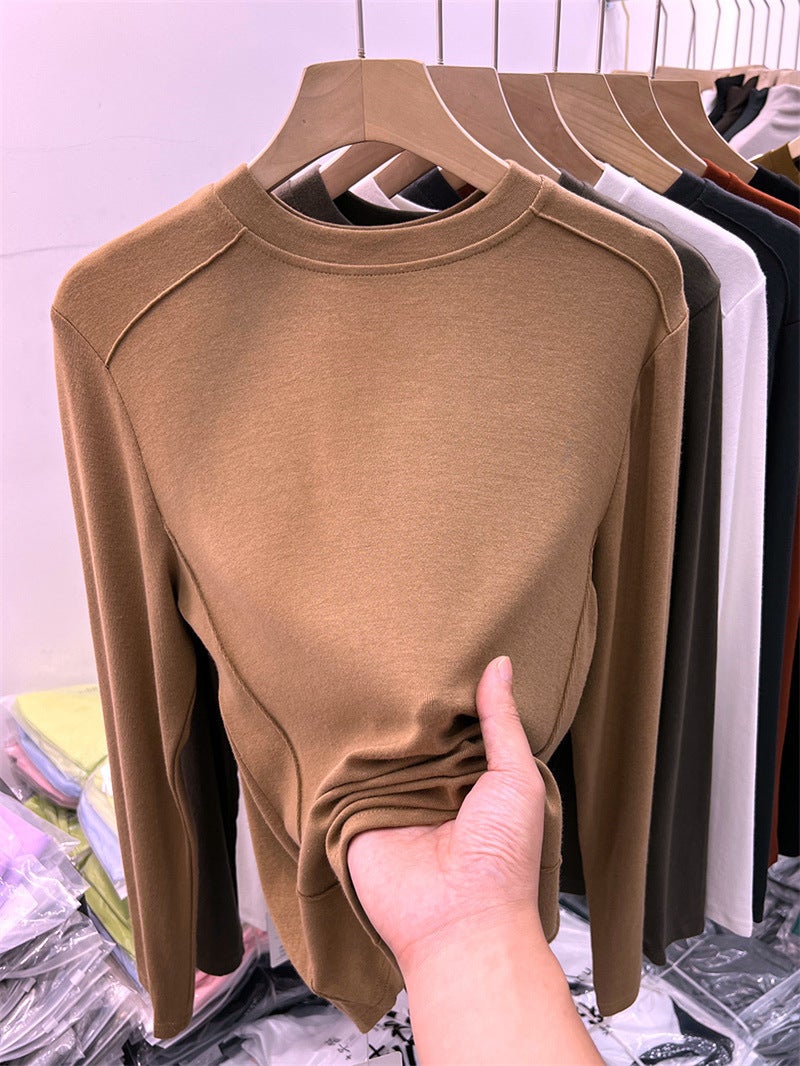 Double-Sided Velvet Tee Womens Warm Solid Top Autumn Winter 2024 Brown - Image 1