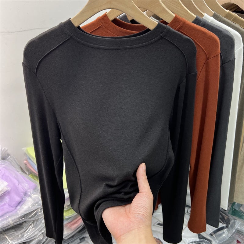 Double-Sided Velvet Tee Womens Warm Solid Top Autumn Winter 2024 Brown - Image 4