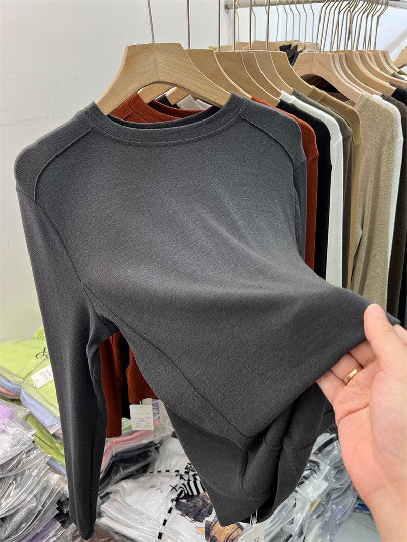 Double-Sided Velvet Tee Womens Warm Solid Top Autumn Winter 2024 Brown - Image 2
