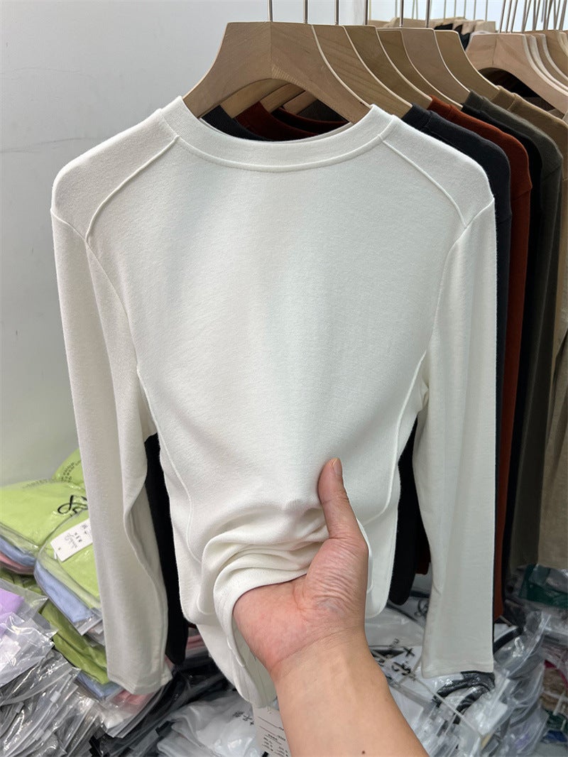 Double-Sided Velvet Tee Womens Warm Solid Top Autumn Winter 2024 Brown - Image 3