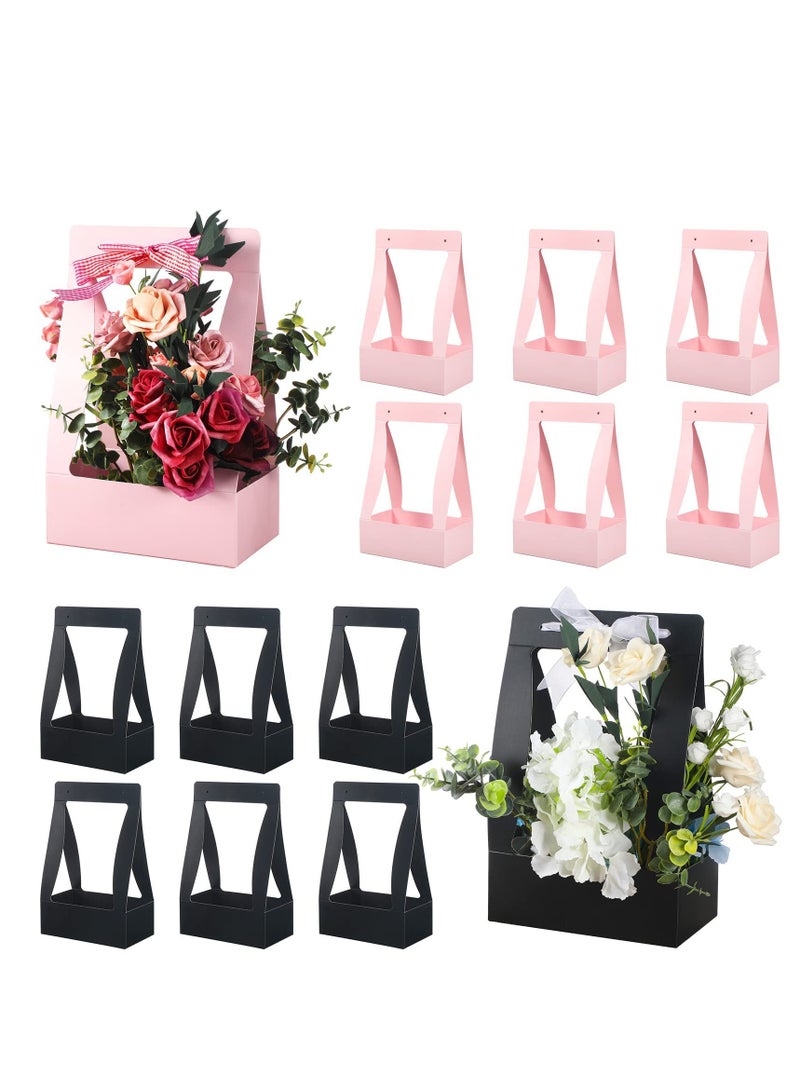 KASTWAVE 12 Piece Bouquet Gift Bag, Portable Craft Paper Gift Bag, Florist Flower Box with Handle, Home Office Arrangement Wedding Birthday Party Decoration Packing Supplies (Pink and Black) - Image 1