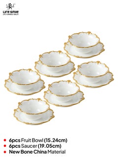 Life Smile LIFE SMILE 6-Piece Bowl and Saucer Set, White & Gold, Serving Bowls for Soup, Dessert, Appetizer, Snack, Dinnerware  - Image 2