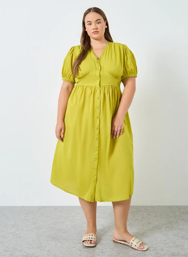 Styli Plus Size Cotton Midi Dress with Puff Sleeves
