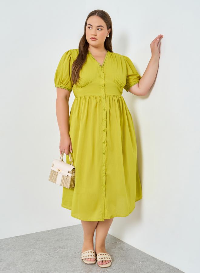 ستايلي فستان ميدي قطن بأكمام منفوخة مقاس كبير - Image 1