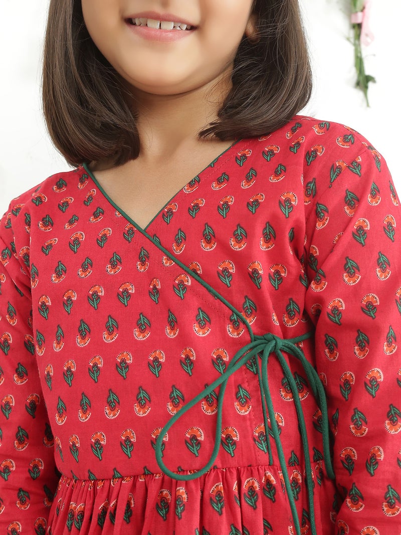 Globus Girls Maroon V-Neck Floral Print Tie-Up Gathered Detail Tunic With Pants Fusion Co-Ord Set - Image 4