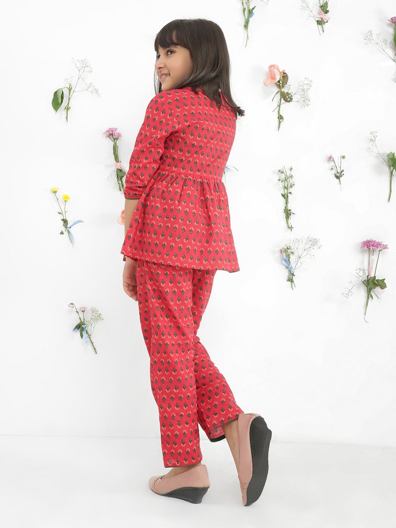 Globus Girls Maroon V-Neck Floral Print Tie-Up Gathered Detail Tunic With Pants Fusion Co-Ord Set - Image 3