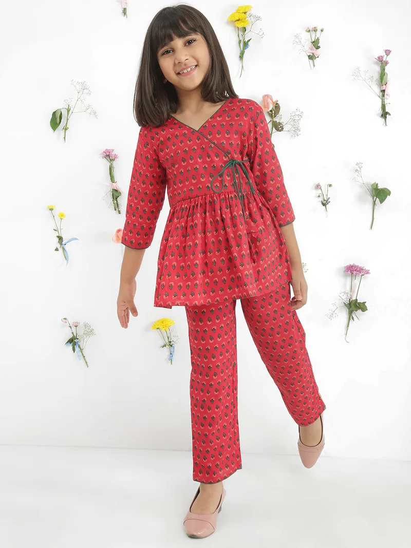 globus Globus Girls Maroon V-Neck Floral Print Tie-Up Gathered Detail Tunic With Pants Fusion Co-Ord Set