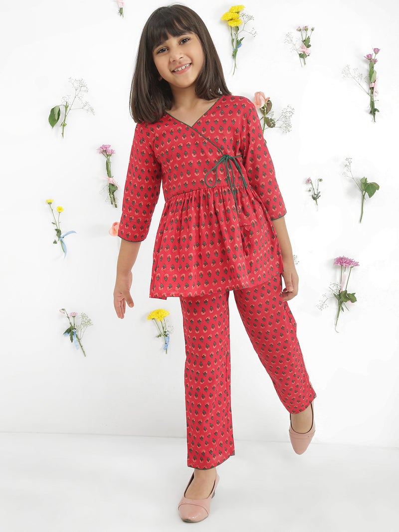 Globus Girls Maroon V-Neck Floral Print Tie-Up Gathered Detail Tunic With Pants Fusion Co-Ord Set - Image 1