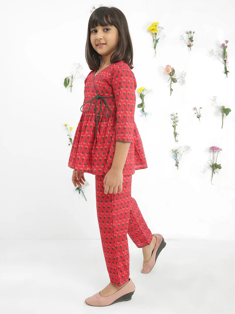 globus Globus Girls Maroon V-Neck Floral Print Tie-Up Gathered Detail Tunic With Pants Fusion Co-Ord Set