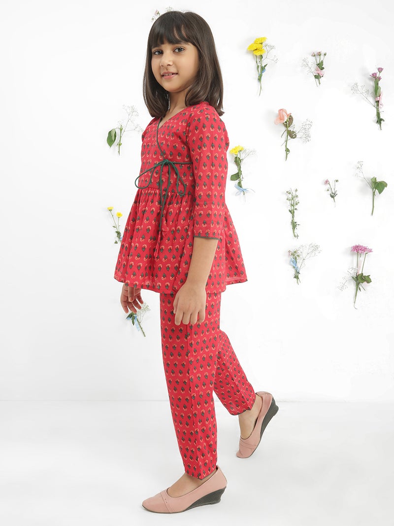 Globus Girls Maroon V-Neck Floral Print Tie-Up Gathered Detail Tunic With Pants Fusion Co-Ord Set - Image 2