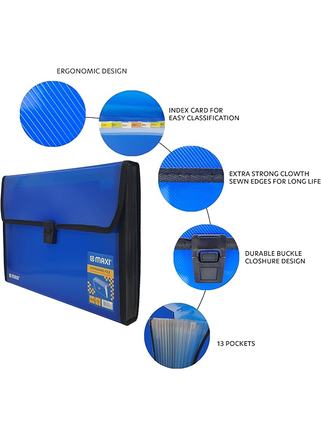 ماكسي ملف توسيع 13 شبكة بدون مقبض أزرق 13 جيبًا مجلد توسيع محمول منظم قابل للتوسيع مقاس A4 - Image 5