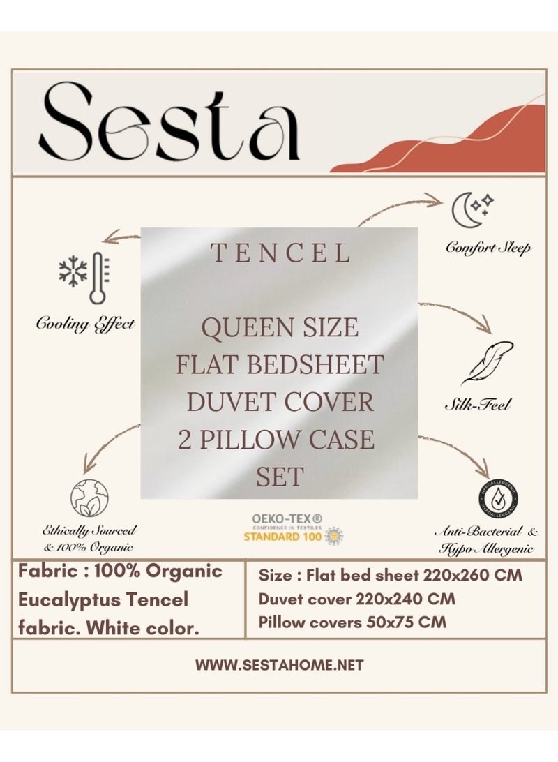 سيستا هوم طقم ملاءات سرير كوين فاخر من قماش تينسل من سيستا هوم، مكون من 4 قطع: ملاءة مسطحة 220×260 سم، غطاء لحاف بأزرار 220×240 سم، وغطاءان للوسائد 50×75 سم لتغطية كاملة. مصنوع من تينسل عضوي 100% بنسيج الأوكالبتوس، لون أبيض، 300 خيط. معتمد من OEKO-TEX/متوافق مع معايير المنتجات العضوية. - Image 5