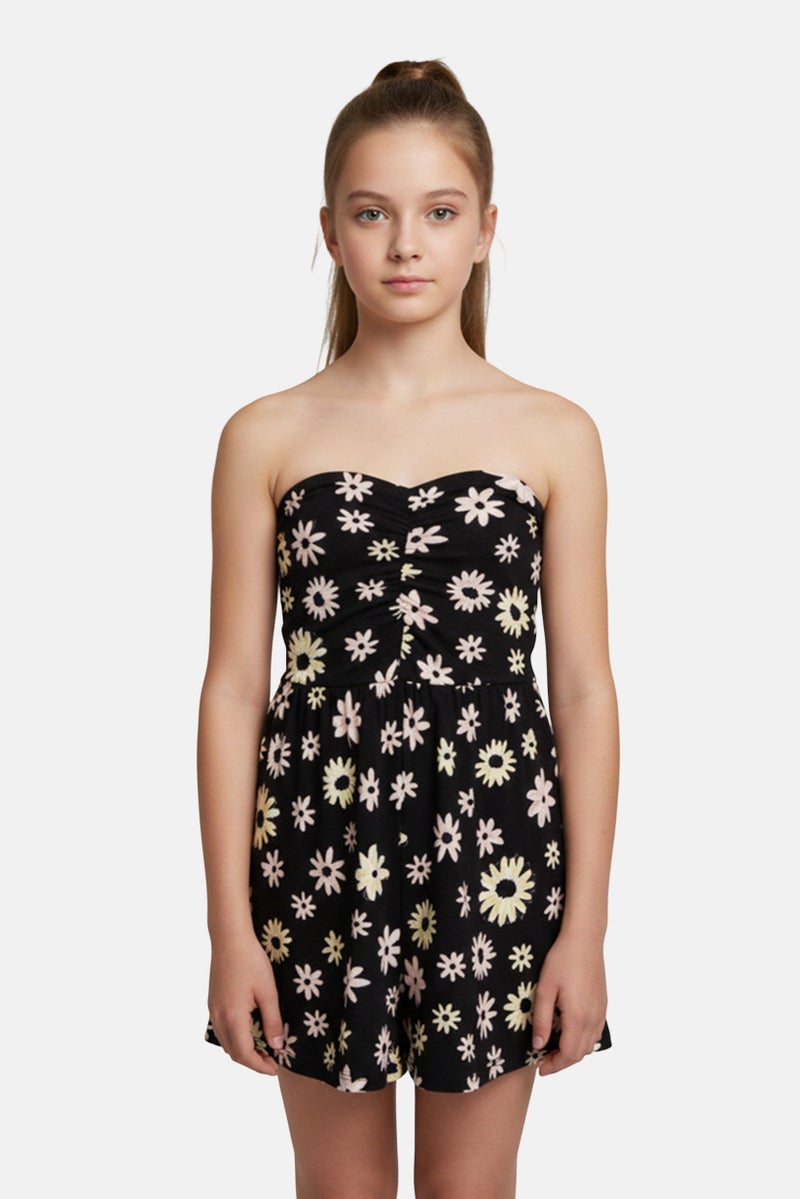 Bershka Kids Girl Floral Print Sleeveless Playsuit, Multicolor - Image 1