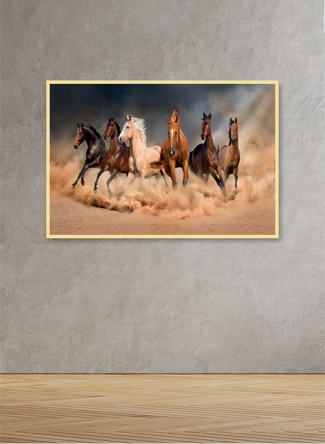 ماركتنا لوحة جدارية قماشية فنية لتزيين الحائط بتصميم حصان مع برواز ذهبي مجوف مقاس (120x80) قطعة واحدة - Image 1