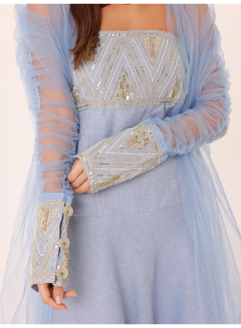 اكسا طقم أنيق قطعتين بأكمام شفافة مزينة بالترتر أزرق