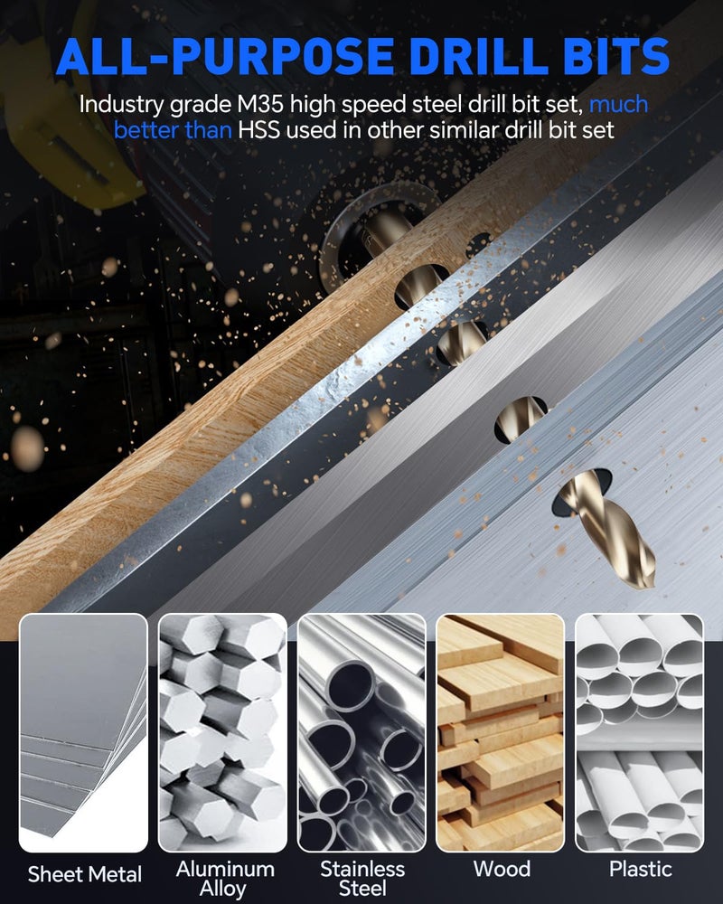 COMOWARE Cobalt Drill Bit Set- 29Pcs M35 High Speed Steel Twist Jobber Length for Hardened Metal, Stainless Steel, Cast Iron and Wood Plastic with Metal Indexed Storage Case, 1/16"-1/2" - Image 5