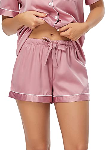 Serenedelicacy Women's Satin Pajama Set 2-Piece Sleepwear Loungewear Button Down Short Sleeve Silky PJ Set (Medium, Bridal Rose) - Image 4