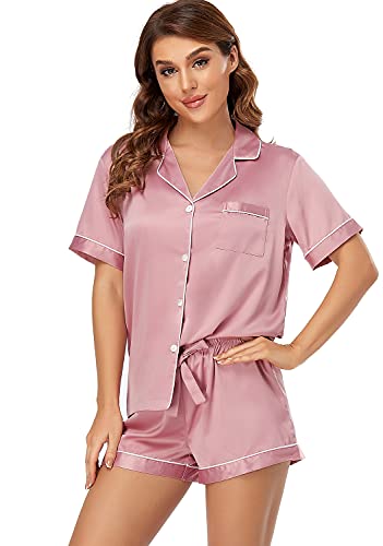 Serenedelicacy Women's Satin Pajama Set 2-Piece Sleepwear Loungewear Button Down Short Sleeve Silky PJ Set (Medium, Bridal Rose) - Image 1