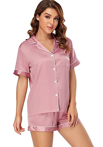 Serenedelicacy Women's Satin Pajama Set 2-Piece Sleepwear Loungewear Button Down Short Sleeve Silky PJ Set (Medium, Bridal Rose) - Image 3