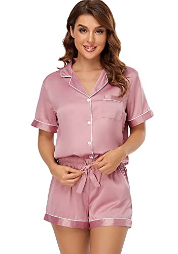 Serenedelicacy Women's Satin Pajama Set 2-Piece Sleepwear Loungewear Button Down Short Sleeve Silky PJ Set (Medium, Bridal Rose) - Image 5