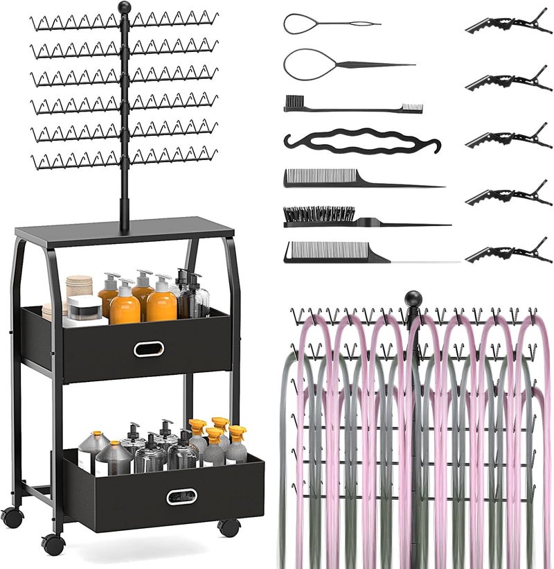 Portable Braiding Hair Rack With Wheels  Storage Drawers168 Pegs Hair Extension Holder Hanger for Braiding Hair Separator Stand Display StandHair Stand with Stylist Hair Braiding Toolsblack