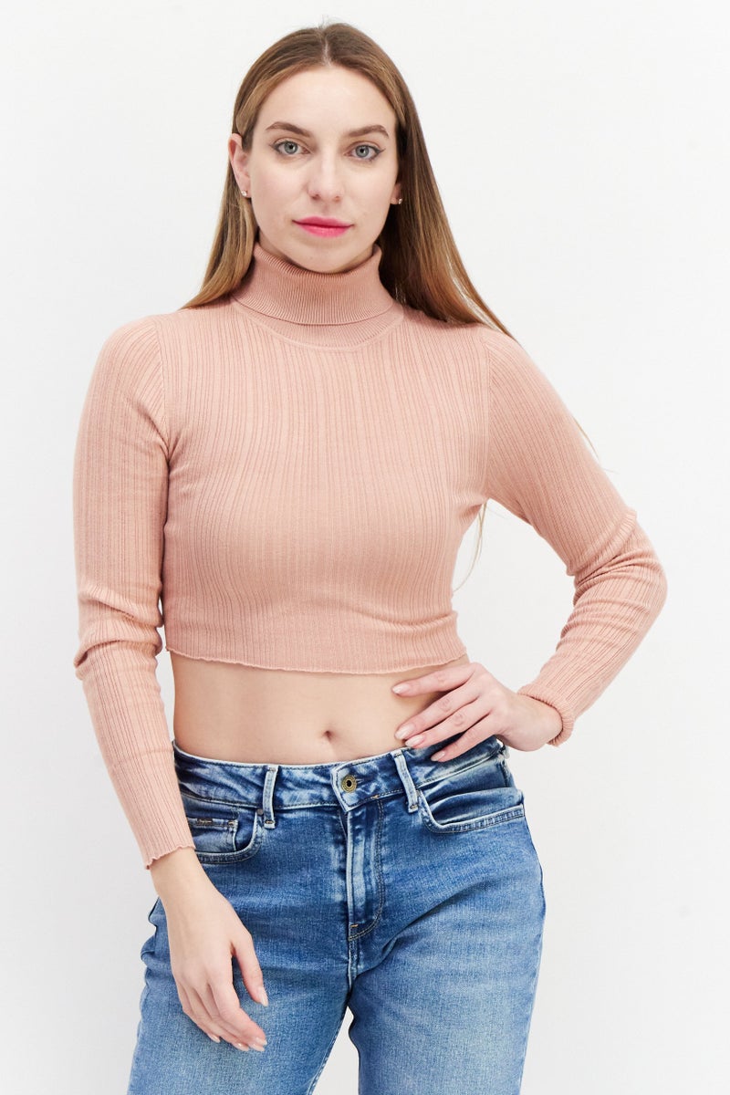 BRAVE SOUL Women Turtle Neck Long Sleeve Tie Back Detail Cropped Sweater, Dusty Pink - Image 1