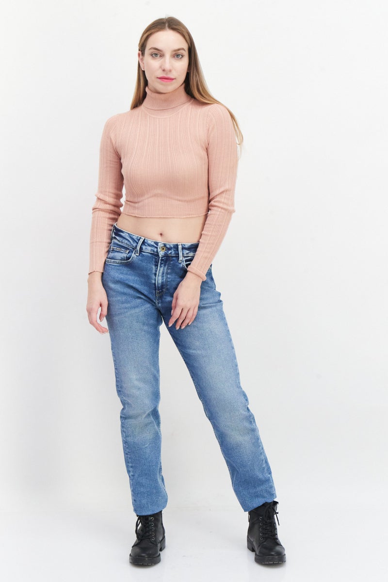 BRAVE SOUL Women Turtle Neck Long Sleeve Tie Back Detail Cropped Sweater, Dusty Pink - Image 3