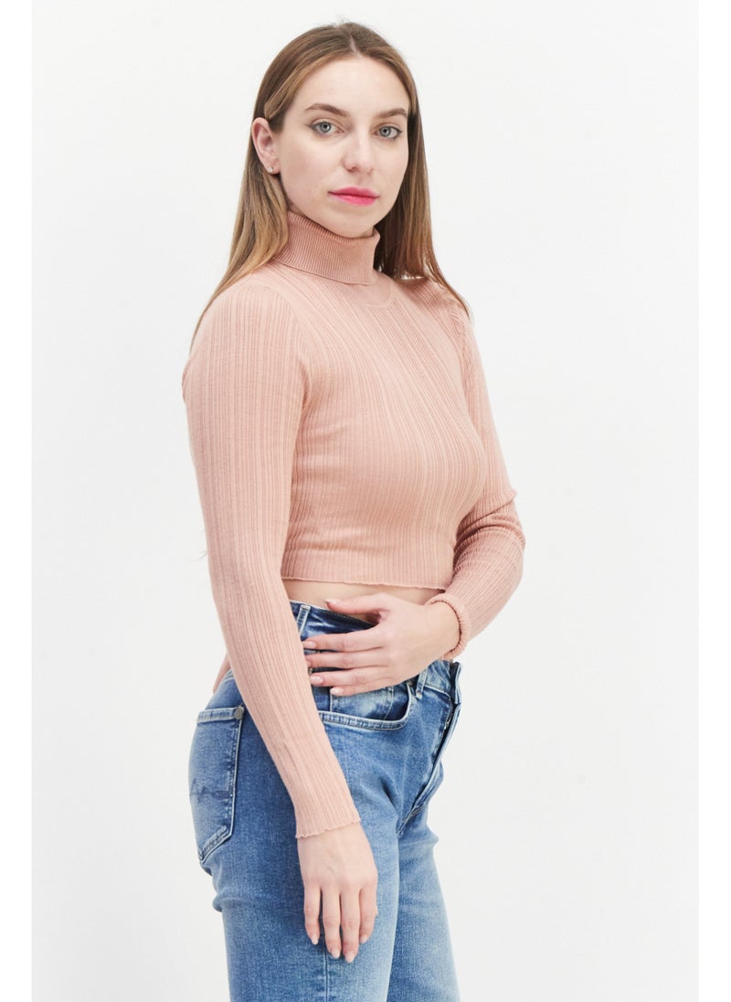 BRAVE SOUL Women Turtle Neck Long Sleeve Tie Back Detail Cropped Sweater, Dusty Pink - Image 5
