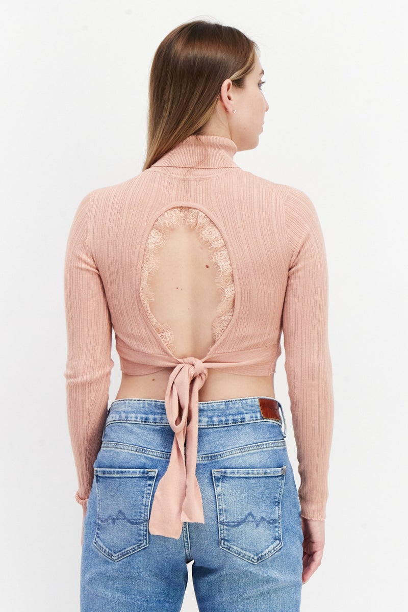 BRAVE SOUL Women Turtle Neck Long Sleeve Tie Back Detail Cropped Sweater, Dusty Pink - Image 2