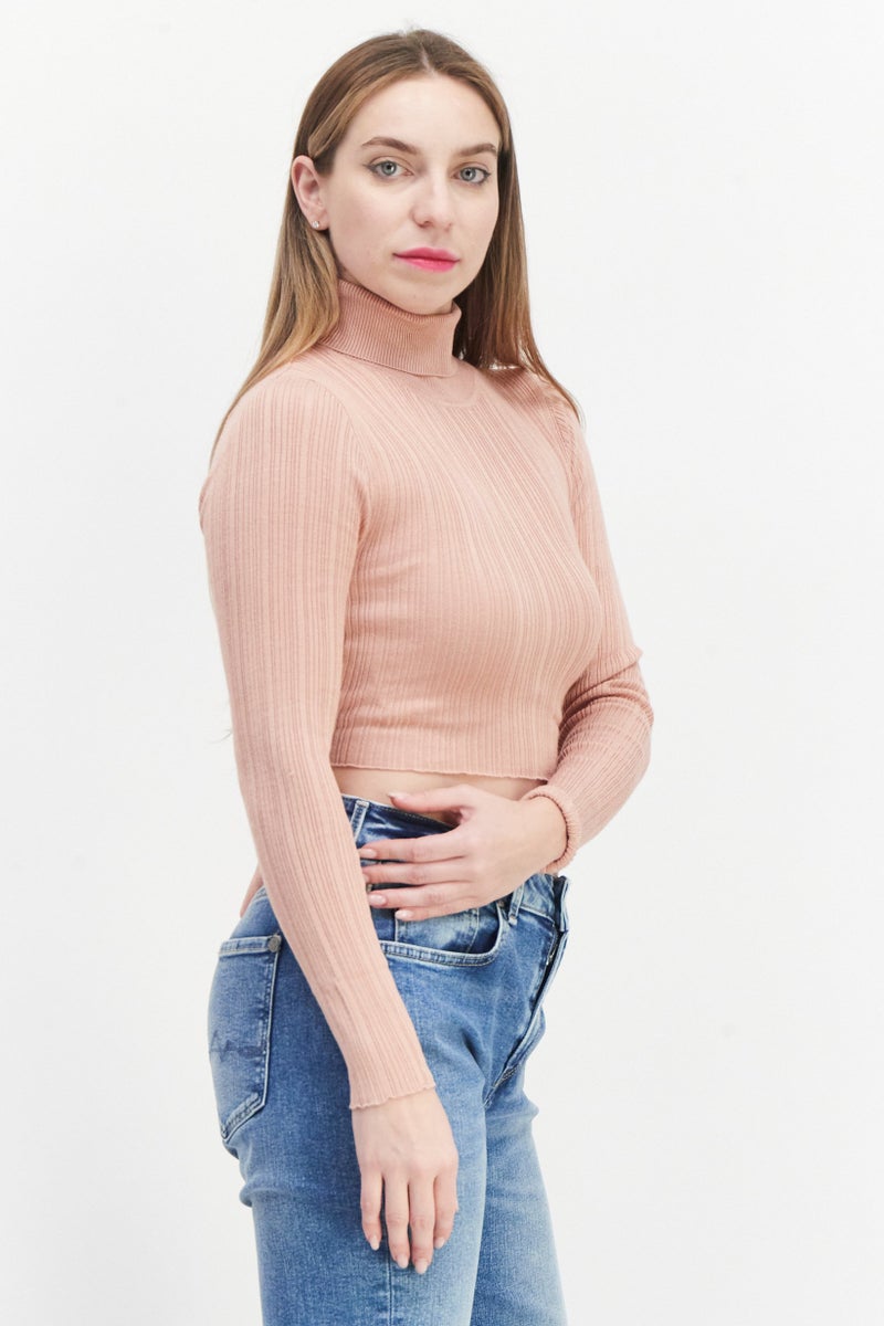 BRAVE SOUL Women Turtle Neck Long Sleeve Tie Back Detail Cropped Sweater, Dusty Pink - Image 4