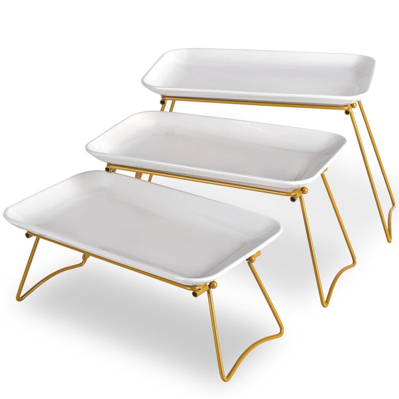 HAPPY KIT 3 Tier Serving Tray Set with Gold Freely Combinable Rack,12 Inch Tiered Tray Stand,Widened Porcelain Platters,Decor Cupcake Stand for Christmas Party Display,Dessert Trays Collapsible - Image 1