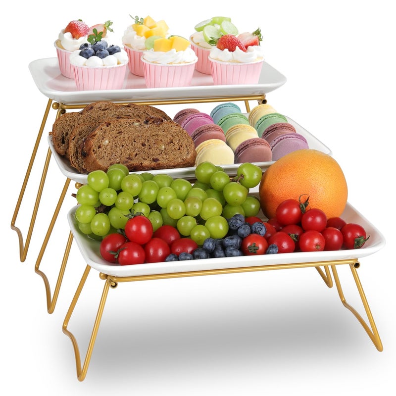 HAPPY KIT 3 Tier Serving Tray Set with Gold Freely Combinable Rack,12 Inch Tiered Tray Stand,Widened Porcelain Platters,Decor Cupcake Stand for Christmas Party Display,Dessert Trays Collapsible - Image 3