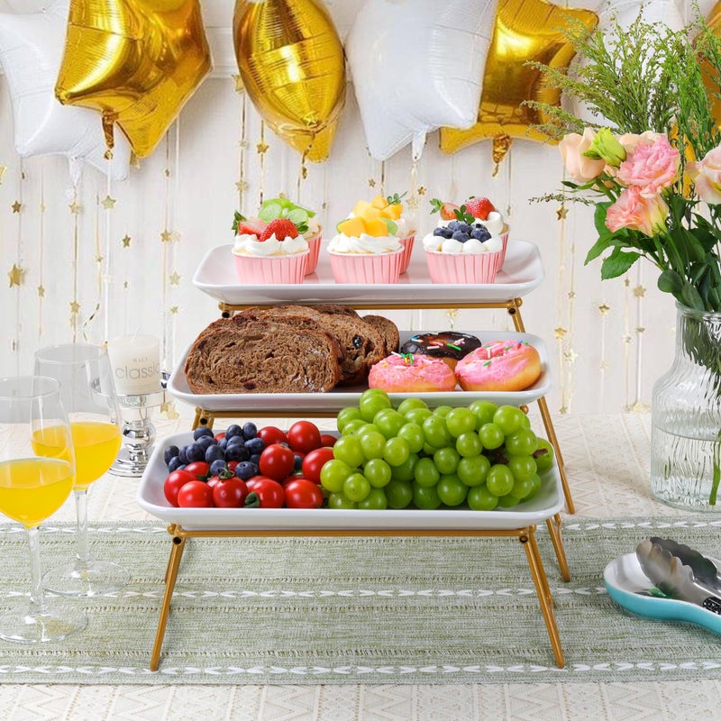 HAPPY KIT 3 Tier Serving Tray Set with Gold Freely Combinable Rack,12 Inch Tiered Tray Stand,Widened Porcelain Platters,Decor Cupcake Stand for Christmas Party Display,Dessert Trays Collapsible - Image 2