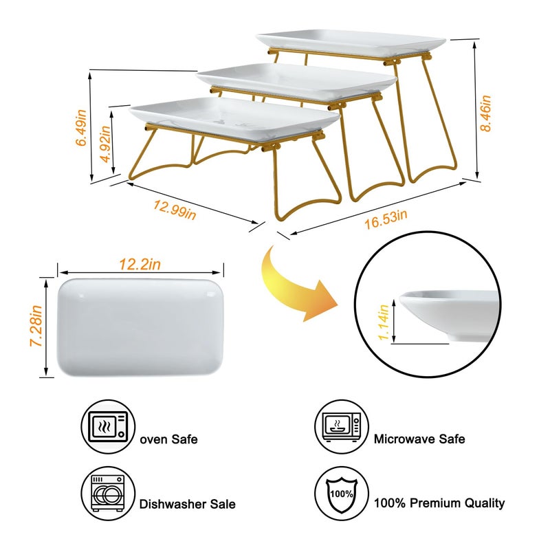 HAPPY KIT 3 Tier Serving Tray Set with Gold Freely Combinable Rack,12 Inch Tiered Tray Stand,Widened Porcelain Platters,Decor Cupcake Stand for Christmas Party Display,Dessert Trays Collapsible - Image 4